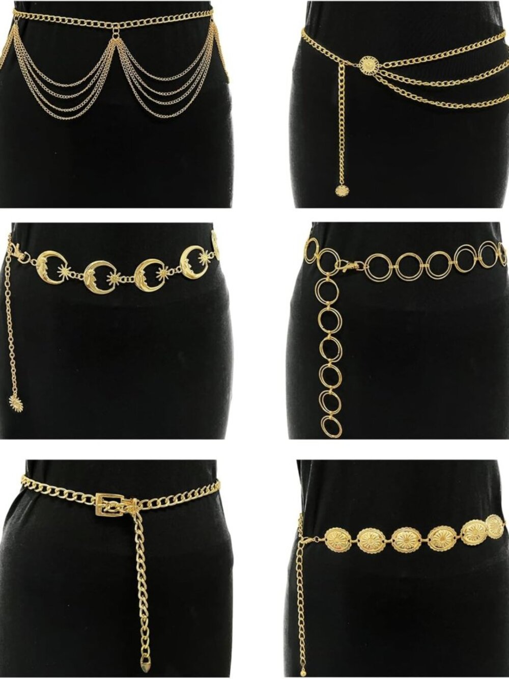 Boho Multilayer Metal Belly Chain Belt with Moon & Sun, Long Tassel, Adjustable